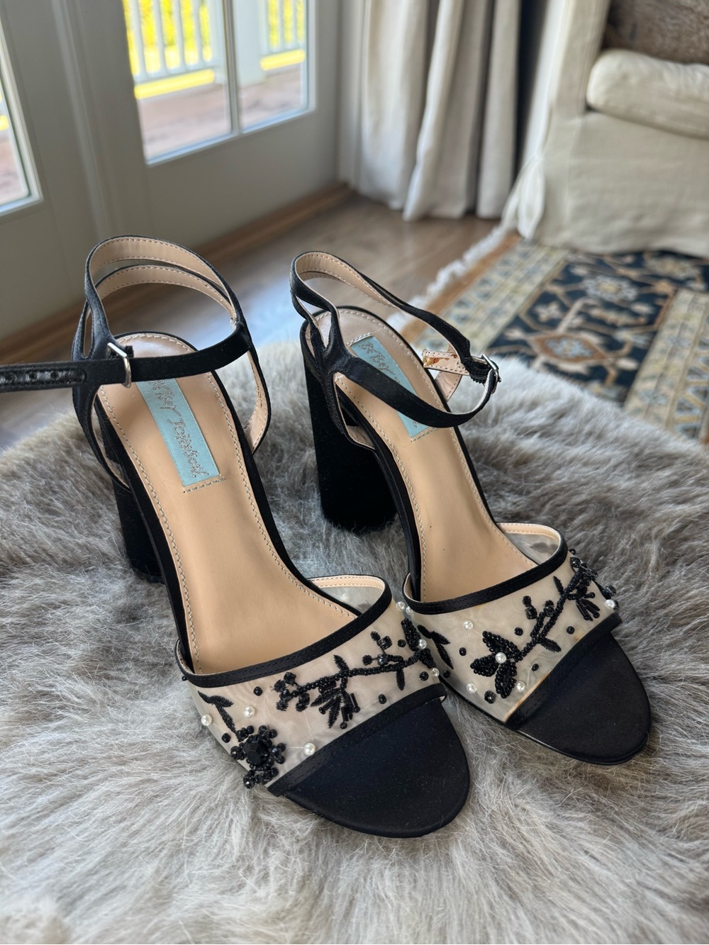 New! Betsey Johnson Black and Cream Beaded Ankle-Strap Block Heel Sandals